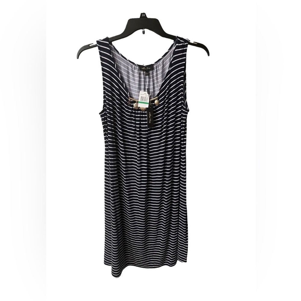 Melissa Paige Nautical Dress L Sleeveless Navy Blue White Stripe Gold Accent